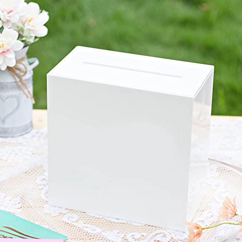 Image of UNIQOOO White Acrylic Card Box w /Slot, Thick DIY Wedding Box Blank No Print, Large 10x10x5.5 in, for Reception Decoration Fundraiser Money Box Election Ballot Graduation Keepsake Party Favor