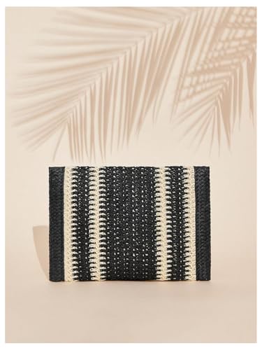 Image of OYOANGLE Women's Color Block Woven Clutch Bag Straw Fringe Flap Small Striped Boho Purse Handbags