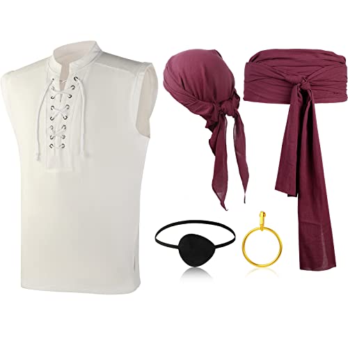 5 Pcs Adult Pirate Costume Mens Medieval Renaissance Viking Shirt Pirate Bandana Sash Belt For Halloween Cosplay Party (Small) #TOP1