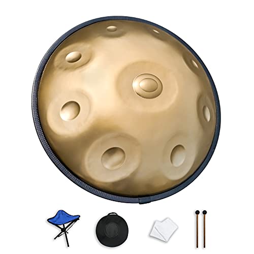 Handpan drum in D Minor 9 Notes 22 inches Steel Hand Drum,Handpan drum instrument with Soft Hand Pan Bag,handpan mallet,Handpan Stand,dust-free cloth.(Gold)
