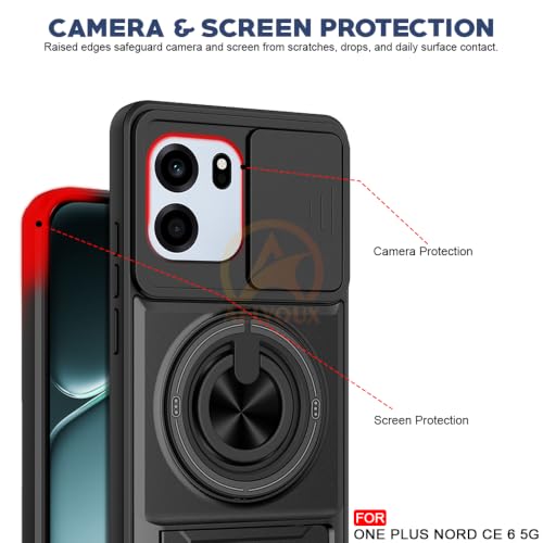 Image of OnePlus Nord CE 6 5G Back Cover | Armor Camera Slider 360 Degree Rotating Finger Ring Holder Case with Bracket Stand Back Case Cover (Compatible with MagSafe Accessories) (Black)