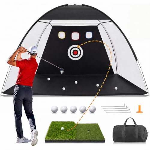 Golf Net 10x6.5FT Practice Hitting Net with Tri Turf Mat, Indoor Outdoor Training Aid for Backyard Driving Chipping Swing, Gifts for Men Dad Golfers (10 x 6.5FT)