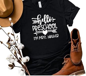 Hello Back to School Teacher T-Shirts, Personalized Preschool Teacher Shirts Plus Size, Cute First Day of School Kindergarten Teacher Shirts, Preschool T Shirt, All Grades.