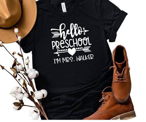Hello Back to School Teacher T-Shirts, Personalized Preschool Teacher Shirts Plus Size, Cute First Day of School Kindergarten Teacher Shirts, Preschool T Shirt, All Grades.