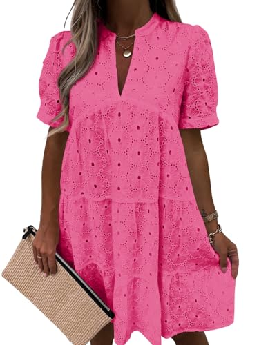 Image of Imily Bela Womens Summer Lace Dresses Eyelet Casual Flowy Babydoll Swing Short Sleeve V Neck Tunic Dress