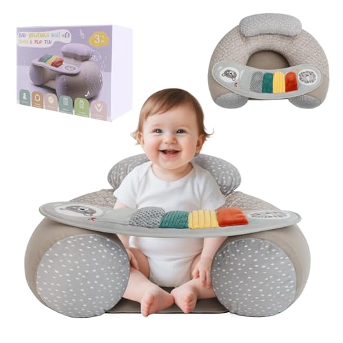 Upgraded Blublu Park Wider U-Shape Inflatable Sit Me Up Floor Seat for Baby 3-36 Months with Cover, Portable Baby Chair with Activity Sensory Tray for Sitting Up, Infant Floor Seats & Loungers, Piano