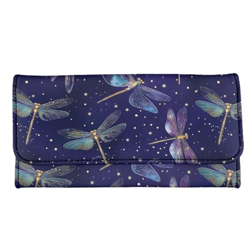 Howilath Aesthetic Dragonfly Pattern Ladies Slim Wallets PU Leather Women Wallet Purse Triple Compartment Clutch Card Holder Organizer