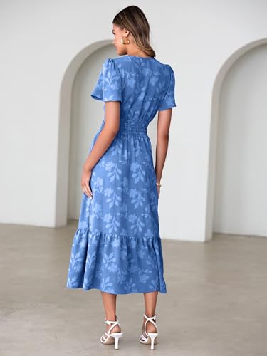 Image of Simplee Womens Summer Boho Maxi Dress Semi Formal Wedding Guest Short Sleeve V Neck Empire Waist Floral Long Dresses