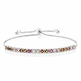 Gem Stone King Sterling Silver Genuine Multi-Color Tourmaline Fully Adjustable Bracelet Up to 9 Inches 2.00 Cttw Round Cut 3.25MM
