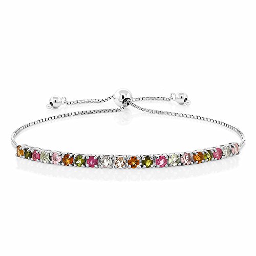 Gem Stone King Sterling Silver Genuine Multi-Color Tourmaline Fully Adjustable Bracelet Up to 9 Inches 2.00 Cttw Round Cut 3.25MM