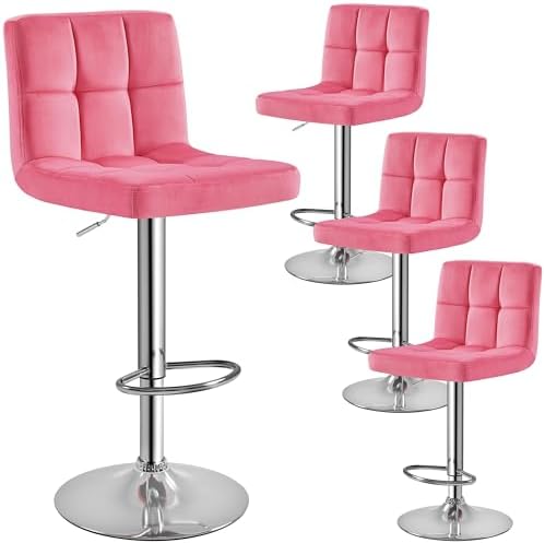 Yaheetech Pink Velvet Bar Stools, Adjustable Barstools Set of 4, ...