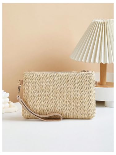 Women's Straw Square Shoulder Handbags Woven Chain Strap Crossbody Bags Zipper Beach Purse2