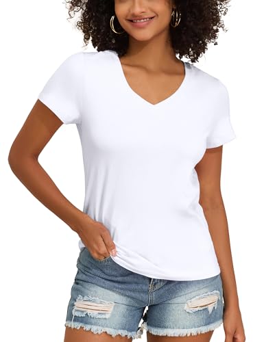 PrettyGuide Women's Tops Cotton Jersey Short Sleeve V Neck T Shirts Trendy Casual Loose Fit Summer Basic Cotton Tops Tee