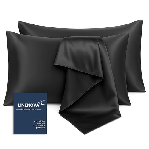 LINENOVA Silky Satin Pillowcases Set of 2 – Standard Size 48x74cm, Frizz Control & Gentle on Skin, Silk-Like Feel with Envelope Closure – Gift Ready – Black