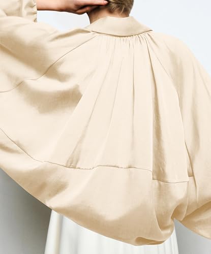 Women Puffed Sleeve Zipper Up Bomber Jacket Oversized Batwing Drop Shoulder Pleated Peplum Hem Lapel Collar Coat3