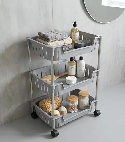 Image of JD FRESH 3-Tier Multi Storage Rack for Home & Kitchen /360-Degree Rotating Wheels with Breathable Kitchen Shelf Storage Rack /Plastic Rolling Cart for Kitchen, Bathroom, Office & Living Room (Grey)