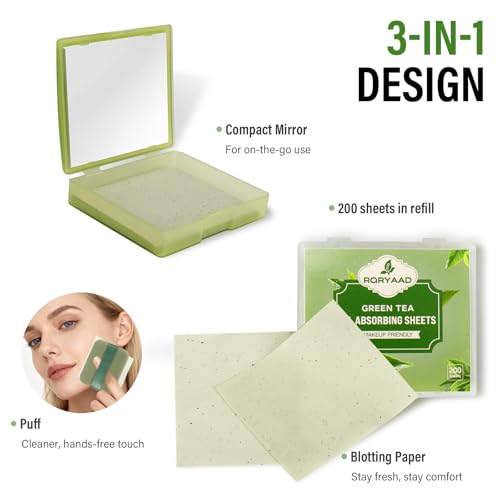 RQRYAAD 300 Oil Blotting Sheets for Face with Mirror & Puff, Green Tea Oil Absorbing Blotting Papers, Portable Blotting Sheets for All Skin Types, Makeup & Shine Control