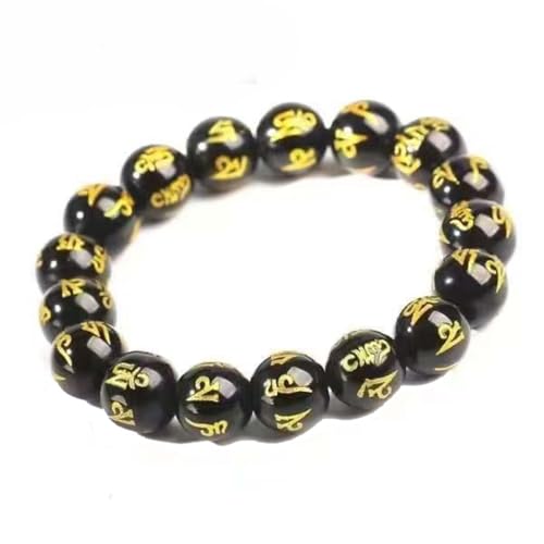黒玉 黒曜石 梵字 数珠 ブレスレット ビーズブレスレット アクセサリー おしゃれ 金色六字真言刻印 伸縮性 ストレッチ (8mm)
