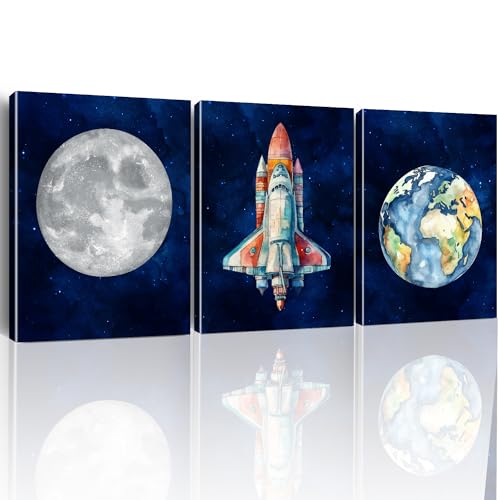 Image of Yuzi-n Outer Space Decor for Boys Room, Space Theme Wall Art Decor for Kids Room Teen Boy Bedroom Nursery Playroom, Rocket Posters Set of 3 (12x15 Inches)