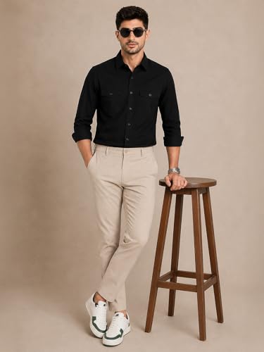 Image of Veirdo Men's Pure Cotton Utility Shirt | Full Sleeve Casual Button-Down with Dual Chest Pockets | Stylish & Comfortable Everyday Wear | Colors: Beige, Black, Maroon, Olive, Rust & White