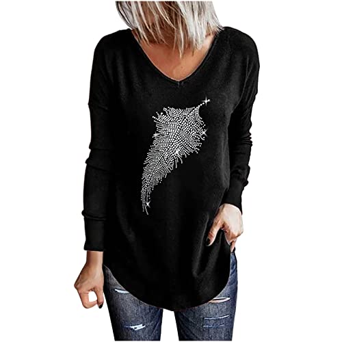 Hatoys Long Sleeve Shirts for Women V Neck Drop Shoulder Pullover Tassel Leaf Print Tunic Blouse Round Hem Longline Tops