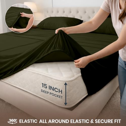 Image of SGI Split King Sheet Set for Adjustable Bed Egyptian Premium Cotton 600 Thread Count Sheets for Sleep Number Bed 15 inch Deep Pocket 5 Pc Set with 2 Twin XL Fitted Sheets Soft Breathable - Olive Green