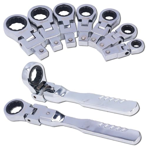 lvifloae 8Pcs Flexible Ratchet Wrench 180° Flex Head Alloy Steel Tool Set Kit for Tubing Maintenance Flexible Ratcheting Open End Wrench Set for Maintenance, Replaceable Ratcheting Line Wrench Set