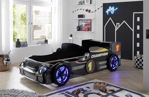 möbelando Autobett Rinum Schwarzes Hochglanz-Bett 90x200 cm mit Fotodruck & LED-Beleuchtung, Melamin, modern, zerlegt geliefert, ohne Matratze & Lattenrost, stylisch & robust - 106x64x220 (B/H/T).