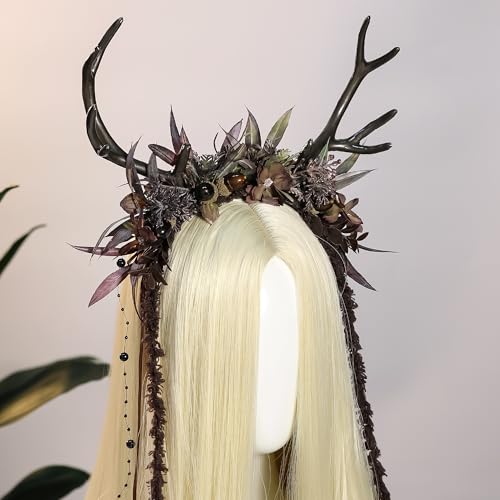 MOSTORY Flower Reindeer Headband for Women - Floral Antler Headpiece Woodland Deer Horns Hairband for Renaissance Cosplay4