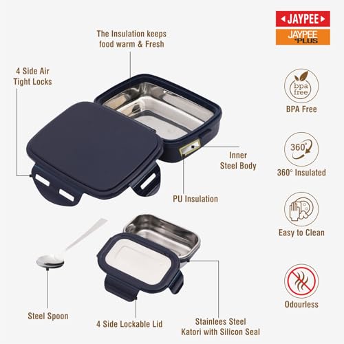 Image of JAYPEE Inner Stainless Steel Insulated Lunch Box Wavesteel Jr. Dark Blue, 500 ml, Airtight Tiffin Box for School Kids |Spillproof with Silicon Seal |Food Grade | BPA Free
