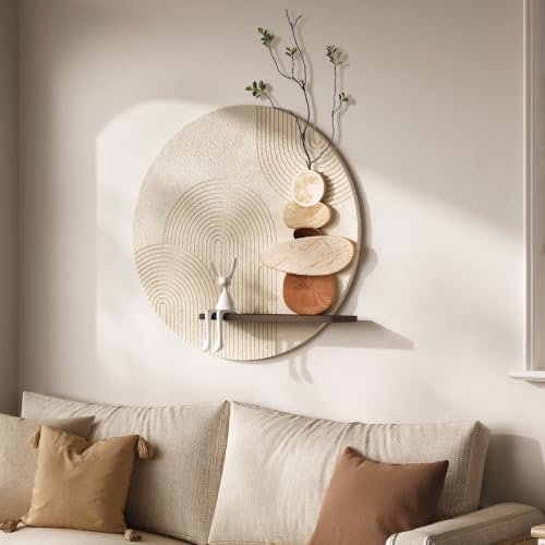 3D Textured Neutral Abstract Wall Art Decor with Shelf, Boho