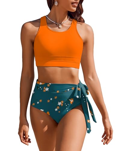 AI'MAGE Bikini Sets for Women UK High Waisted Swimsuits Summer Tummy Control Sexy, Orange, XXL