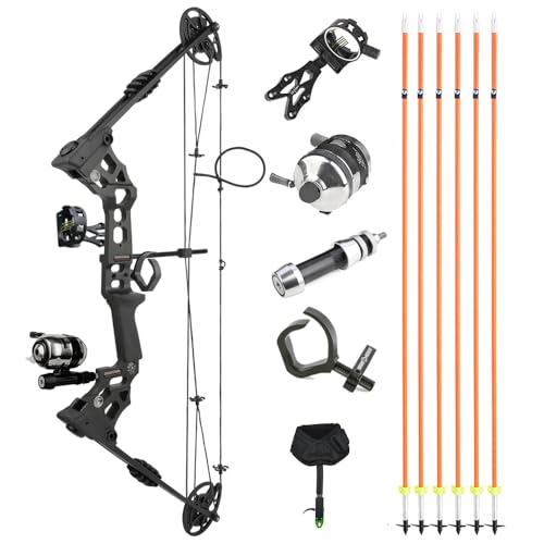 Bowfishing Compound Bow Kit with Bowfishing Reel Bowfishing Arrow, Complete Compound Bow Fishing Kit Right/Left Handed Draw Weight 20-70 LBS for Hunting Fishing (Black, RH)