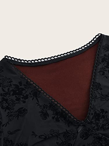 Floerns Women's Floral Print Flare Sleeve Lace Trim Mesh Crop Top Tee Shirts3