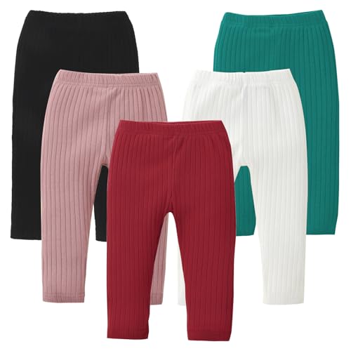 DREAM BUS 5 Pack Toddler Girl Pants Baby Girl Solid Ribbed Pants Toddler Girls Bottoms Leggings Newborn Cotton Jogger, Red/Dark Green/Pink/Black/White, Preemie-Newborn