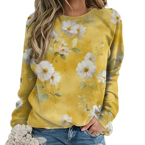 Novelty Floral Print Shirts for Women Unique Daisy Pattern Crewneck