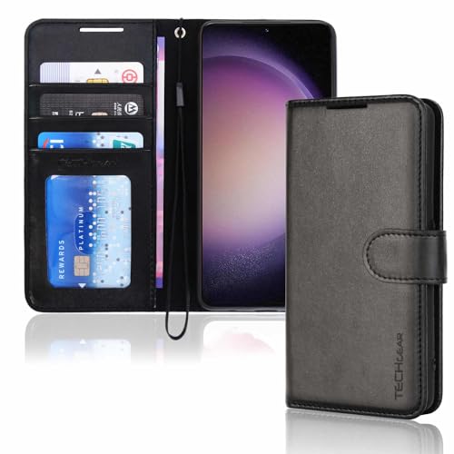 TECHGEAR Galaxy S23 Leather Wallet Case Flip Protective Case Cover with Wallet Card Holder Stand and Wrist Strap - Black PU Leather with Magnetic Closure Designed For Samsung Galaxy S23 / S23 5G