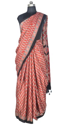 Image of Ethnics of Kutch Womenss Ajrakh Modal Silk Natural Dye Hand Block Print Saree with Blouse Piece - 5.5 Mtr Length