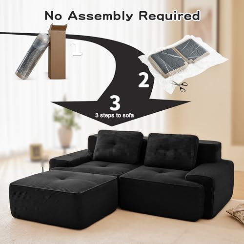 Image of 82 inch L Shaped Modular Boneless Couch with Movable Ottoman, 2 Seat, Soft Corduroy Fabric, Deep Seat Cloud sectional Sofa with Pearl Like Piping and Tufted Design, No Assembly, Anti Slip, Black