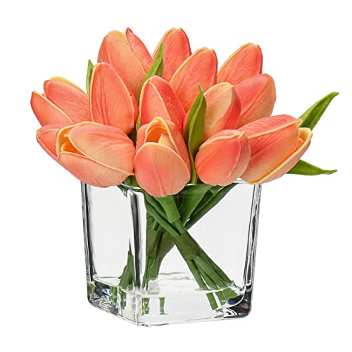 14 Flores Artificiales en jarrón de Tacto Real, Tulipanes Falsos en Cubo, jarrón de Cristal con Agua sintética, melocotón, Ramo de Tulipanes sintéticos, arreglo para el hogar, Oficina, Boda, Mesa
