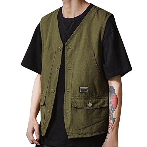 Beokeuioe Chaleco cargo para hombre con muchos bolsillos, chaleco de pescador de verano, chaleco de ocio, juvenil, ropa de calle, chaqueta para exteriores, caza, camping, chaleco multifunción, sin