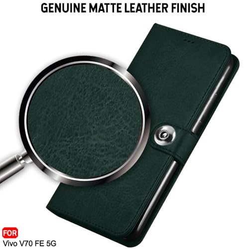 Image of TheGiftKart Genuine Leather Finish Flip Back Cover Case for Vivo V70 FE 5G | Inbuilt Pockets & Stand | Wallet Style | Designer Button Magnet Flip Back Cover Case (Faux Leather, Green)