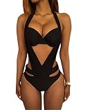 Boutiquefeel Damen Bandage Halter EIN Stück Badeanzug Swimwear Monokini Schwarz L