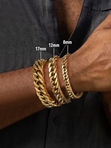 FaithHeart Stainless Steel Cuban Link Bracelet for Men, Gold Plated/Black/Silver Mens Chain Bracelet 8/12/17mm Width, 7.5/8.3/9.1 Inch Length Sturdy Wrist Bracelets Hip Hop Jewelry, with Gift Box3