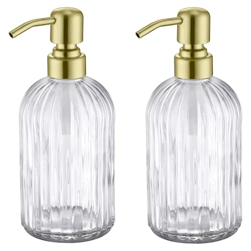 Image of Gold Glass Soap Dispenser with Rust Proof Metal Pump, Vintage & Antique Design, 16oz Clear Glass Dish Soap Dispenser for Bathroom & Kitchen, 2 Packs