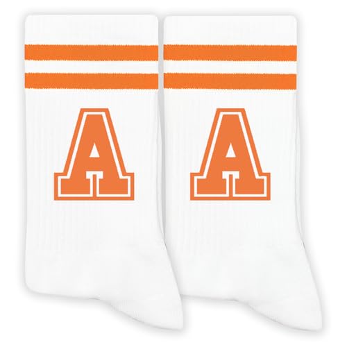 GRXXPIP Orange Initial Stripes Socks with Letter A Retro Athletic Style Socks Personalized Gifts for Birthday Christmas Back-to-school Season or Just Because Sporty Daily Wear.(000)