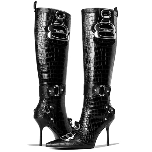 Knee High Crocodile Boots for Women Pointed Toe Slim Calf Sexy Stiletto High Heel Long Tall Boots with Slide Zipper Buckle Rivets3