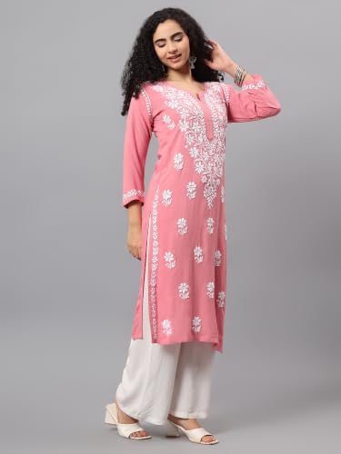 Image of Seva Chikan Hand Embroidered Lucknowi Chikankari Rayon Straight Kurta for Women SCL4532