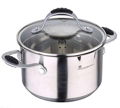 Olla de inducción de acero inoxidable con tapa de cristal, 16 cm, 1 litro (olla con boquilla, escala de medición, apta para inducción, altura 10 cm)