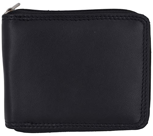 Men's Zipper RFID Blocking Premium Leather Zip-Around ID Bifold Wallet (Black)